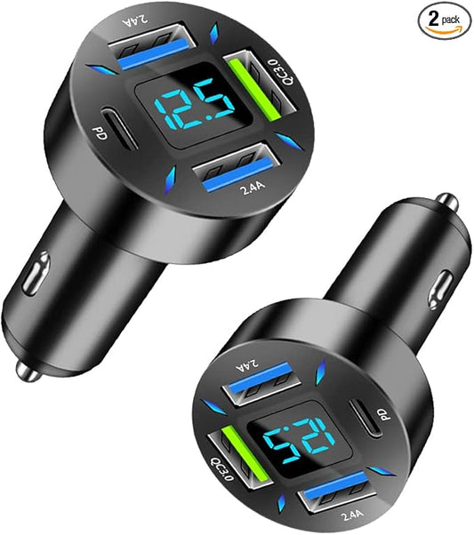 2Pcs 4 Ports USB Car Charger USB Adapter with Voltmeter,Type C Port PD 3.1/QC 3.0 Super Fast Charging Car Cigarette Lighter Plug for iPhone 14 13 12,S22 S21 S20,iPad Pro& More Mobil Phone (2Pcs-Black)