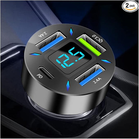4 Ports USB Car Charger USB Adapter with Voltmeter,Type C Port PD 3.1/QC 3.0 Super Fast Charging Car Cigarette Lighter Plug for iPhone 14 13 12,S22 S21 S20,iPad Pro& More Mobil Phone (Black)