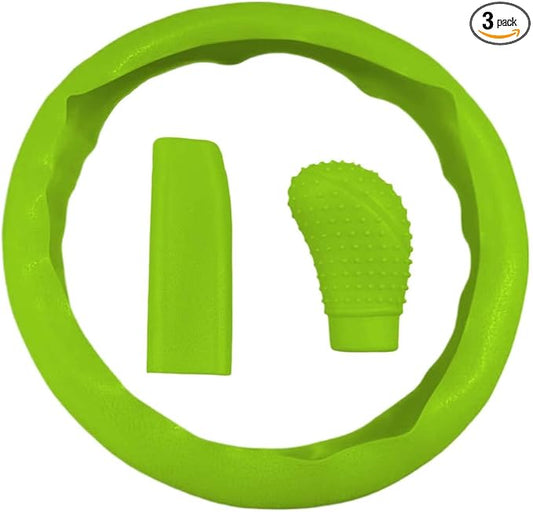 3PCS Silicone Car Steering Wheel Cover Set - Includes Car Handbrake Cover & Gear Shift Cover & Anti-Slip Steering Wheel Protector, Universal Auto Interior Decoration for Most Cars (Green)