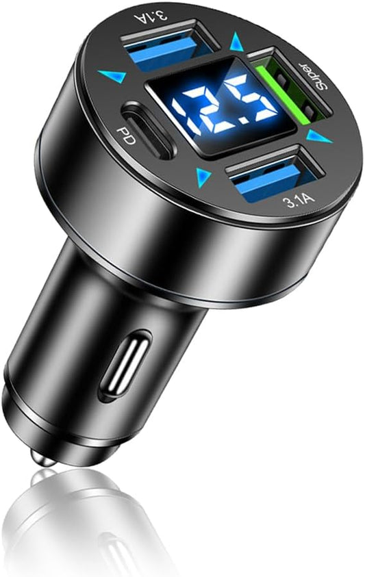 4-Port Fast Car Charger With Plug Outlet, LED Voltmeter, PD3.1, Super Port - Universal Cigarette Lighter USB Accessory Compatible With iPhone & Android (PD/Super)