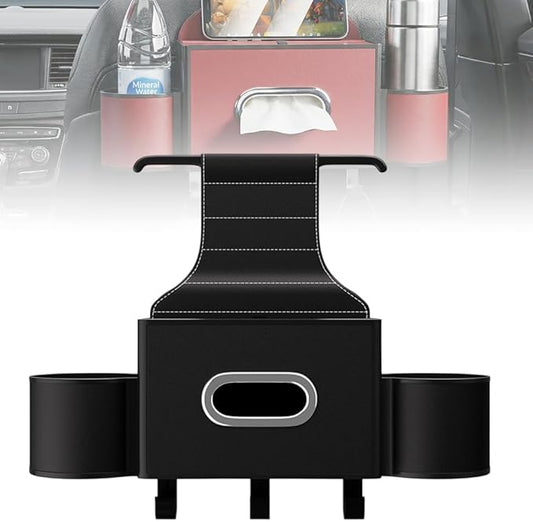 3-in-1 Car Backseat Organizer with Cup Holder, Tissue Box, Trash Bin & Hooks,Multifunctional Back Seat Car Organizer for Hold Phones,Snacks,Drinks,and Handbags (A-Black)