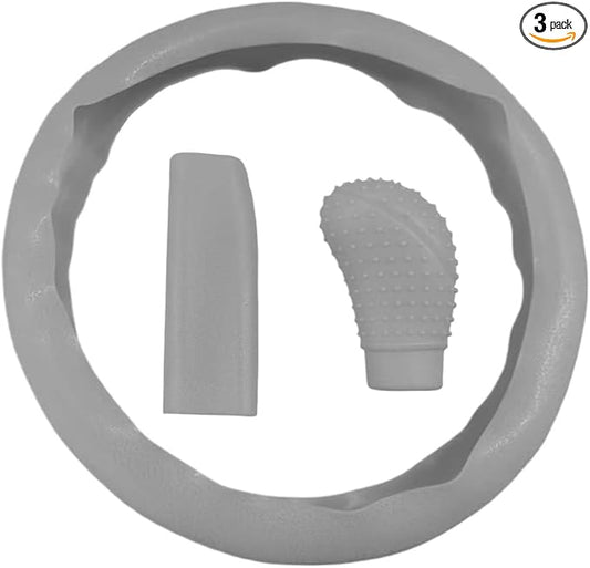 3PCS Silicone Car Steering Wheel Cover Set - Includes Car Handbrake Cover & Gear Shift Cover & Anti-Slip Steering Wheel Protector, Universal Auto Interior Decoration for Most Cars (Grey)