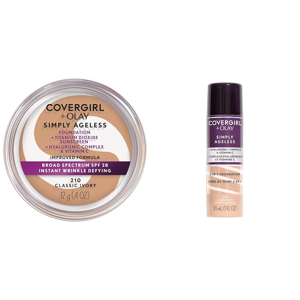 COVERGIRL+OLAY Simply Ageless Instant Wrinkle-Defying Foundation 210 Classic Ivory 0.44 Fl Oz & Simply Ageless 3-in-1 Liquid Foundation Classic Ivory