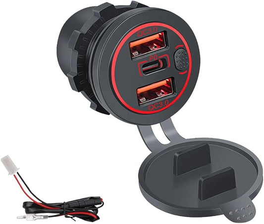 3 Ports 18W USB Car Charger With Switch, 12-24V Dual QC 3.0 USB & PD USB C Cigarette Lighter Socket Outlet, Dashboard Mount Quick Charge Charger for Car Motorcycle Truck Marine Boat (Red Light)