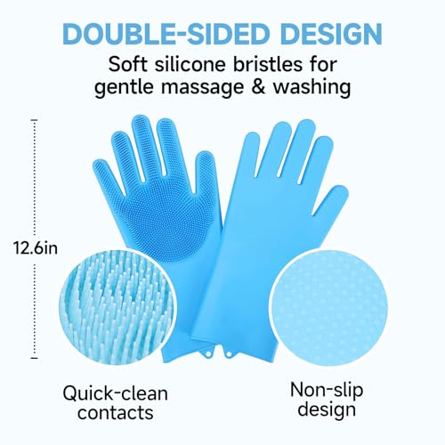 KUEIOX Dog Washing Gloves - Quick Drying Dog Towel,Cat Bath Grooming Gloves Brush with High-Density Teeth for Bathing Massaging，Absorbent Pet Bath Towel 30.3"x13.8" with Hand Pocket for Dog Cat Blue
