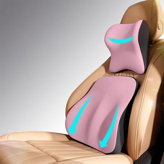 Car Headrest and Lumbar Support Cushion, Car Lumbar Support Pillow Car Neck Pillow Kit, Ergonomic Car Seat Headrest Pillow Lumbar Cushion with Adjustable Strap for Neck Back Pain Relief (Pink)