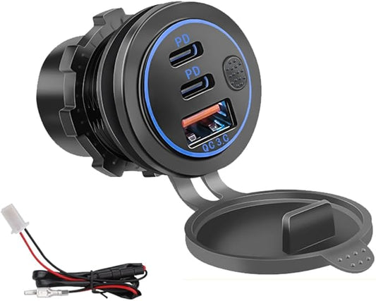 3 Ports 18W USB Car Charger with Switch, 12-24V QC 3.0 USB & Dual PD USB C Cigarette Lighter Socket Outlet, Dashboard Mount Quick Charge Charger for Car Motorcycle Truck Marine Boat (Blue)