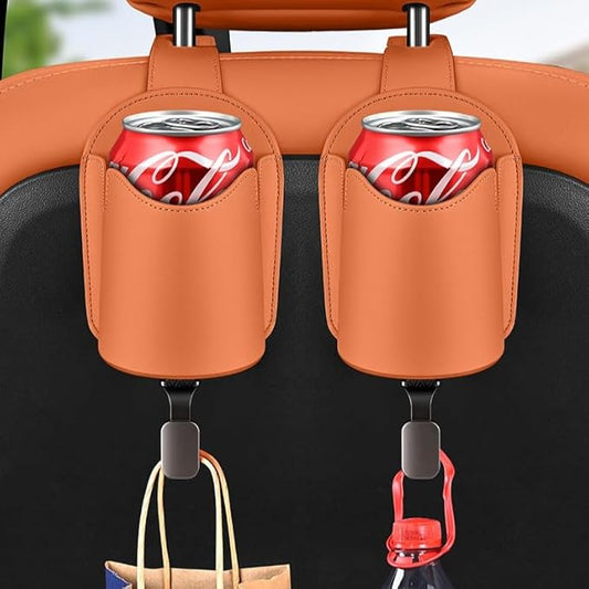 Car Seat Back Organizers Set of 2 with Leather Cup Holder and Headrest Hook, Universal Backseat Phone Mount & Storage Bag (Orange)