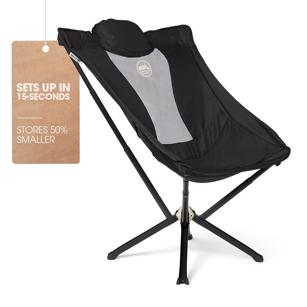 CLIQ EpiQ Outdoor Lounge Chair - Folding Camping Chairs Set Up in 15 Seconds - Lightweight Recliner Chair - Military Grade Frame Supports 400 Lbs Outdoor Adventures, Black
