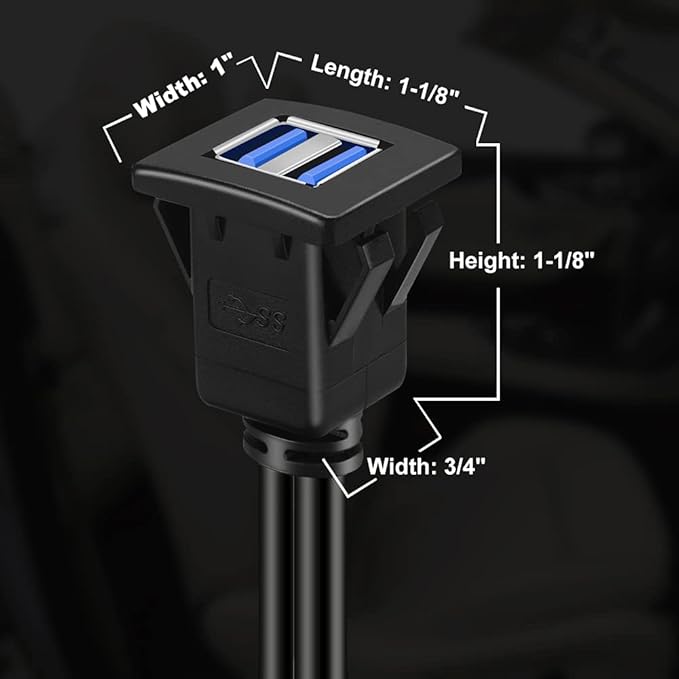 BATIGE Dual Ports Square USB 3.0 Panel Flush Mount Extension Cable with Buckle for Car Truck Boat Motorcycle Dashboard 6ft