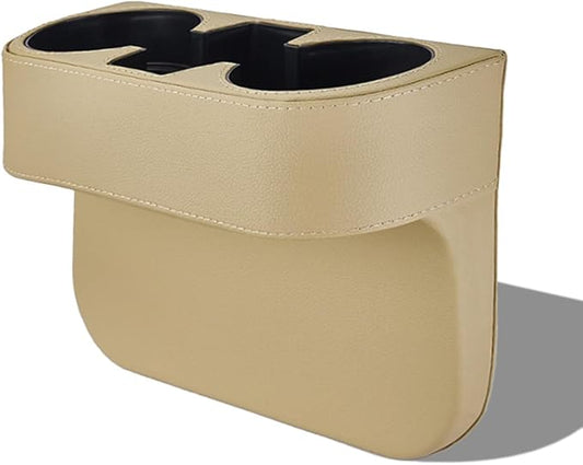 Car Cup Holder, PU Leather Car Seat Gap Filler Organizer Cup Drink Holder, Multifunctional Coin Bucket Cell Mobile Phone Holders, Auto Front Console Storage Box for Most Cars (Beige)