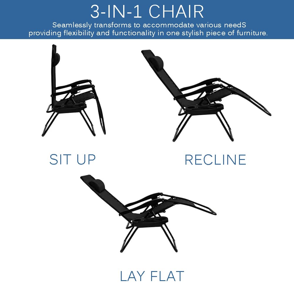 EZONE 1 Chair Zero Gravity Lounge Chairs Outdoor Adjustable Reclining Patio Chair Steel Mesh Folding Recliner for Pool Beach Camping Lounge Chair with Pillows and Cup Tray (1, Navy Blue)