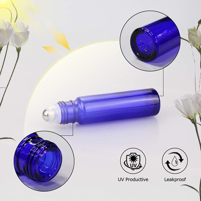 sungwoo 4 Pack Roller Bottles, 10 ml Essential Oil Glass Roller Bottles with Stainless Steel Roller Balls Blue