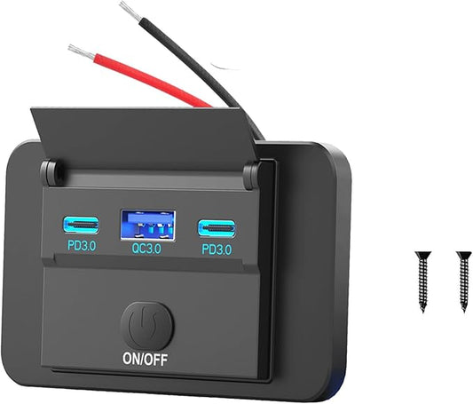 78W 12V USB Outlet Surface Mount Lightweight Dual USB C 30W and QC 3.0 18W Car USB Port, 12 Volt USB Cigarette Lighter Replacement Charger Socket Panel with Button Switch for RV Bus Marine Motorcycle
