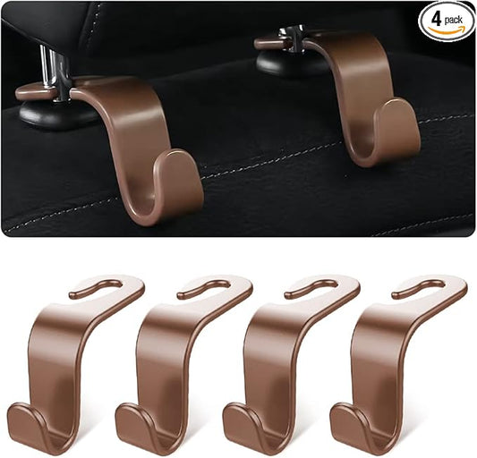 Car Seat Headrest Hook, 4PCS Multifunctional Auto Backseat Hangers, Universal Car Interior Accessories, Vehicle Storage Organizer for Purse, Coat, Umbrella, Grocery, Bag, Handbag (Coffee)