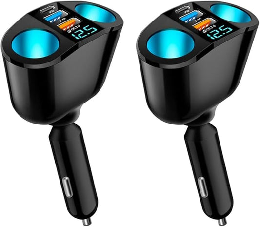 5 Port Cigarette Lighter Splitter,QC3.0&PD 20W Super Fast Car Charger with Dual Cigarette Lighter Plug with LED Voltmeter Compatible with iPhone 15 Pro iPad Dash Cam GPS (PD+QC+2.4A) 2Pcs
