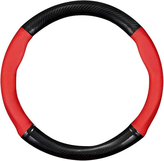 Car Breathable Steering Wheel Cover, Carbon Fiber Wear-Resistant Steering Wheel Protector for Comfy Grip, Universal Non-Slip Leather Wheel Sleeve for Most Car SUV Truck (Red)