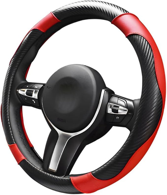 Car Steering Wheel Cover, 15 inch Carbon Fiber Microfiber Leather Elastic Steering Wheel Protector, Breathable Anti-Slip Comfortable Steering Wheel Covers for Most Cars (Black&Red)