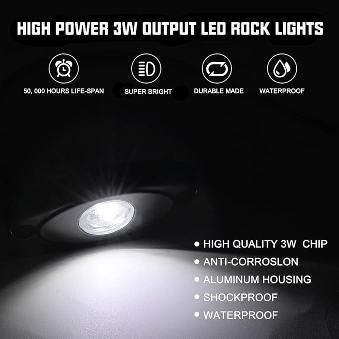 SUNPIE 6 Pods White Rock Lights 6000K Pure White Underglow Light Wheel Wheel Well Lights for Trucks Sedans Car ATV UTV SUV Golf Cart Trailer Motorcycles