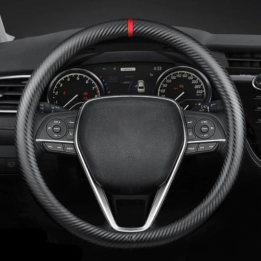 Carbon Fiber Leather car Steering Wheel Cover, Comfortable and Anti-Skid, Universal 15 inch (Black)