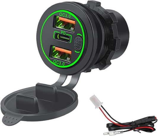 3 Ports 18W USB Car Charger with Switch, 12-24V Dual QC 3.0 USB & PD USB C Cigarette Lighter Socket Outlet, Dashboard Mount Quick Charge Charger for Car Truck Marine Boat, Green Light