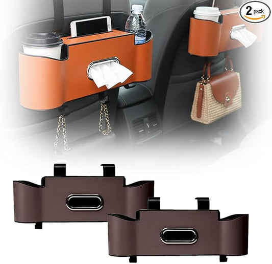 3-in-1 Car Backseat Organizer, 2026 New Multifunctional Back Seat Car Organizer with Cup Holder, Tissue Box, Trash Bin & Hooks for Hold Phones, Snacks, Drinks, Handbags (2, Brown)