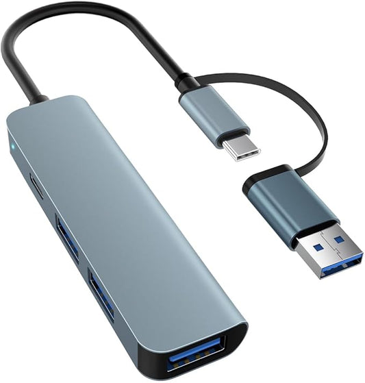 4-Port USB Hub with Type-C, USB 3.0 Data Hub Ultra-Slim Aluminum USB C Hub, 5Gbps Transfer Speed Multiple Ports Splitter for iPhone 17 16, Samsung, MacBook,PC,Laptop,iPad, Flash Drive,HDD