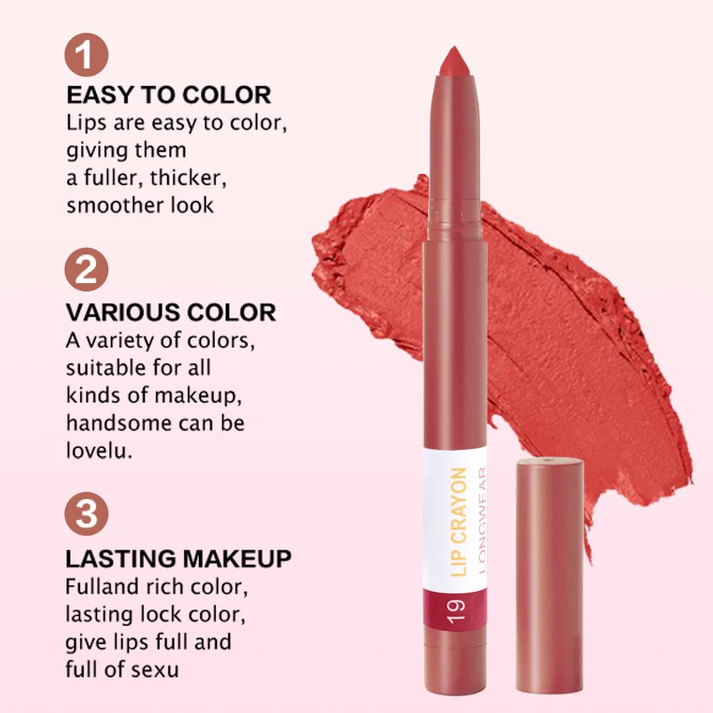 BINGBRUSH Lip Crayons Matte Longwear Lipstick Pack Set,Moisture Smooth Lipliner With Built-in Sharpener Ultimate Super Stay Ink Lip Crayon for Makeup-Waterproof Velvet Lipgloss Lip Stain(19Fire Brick)