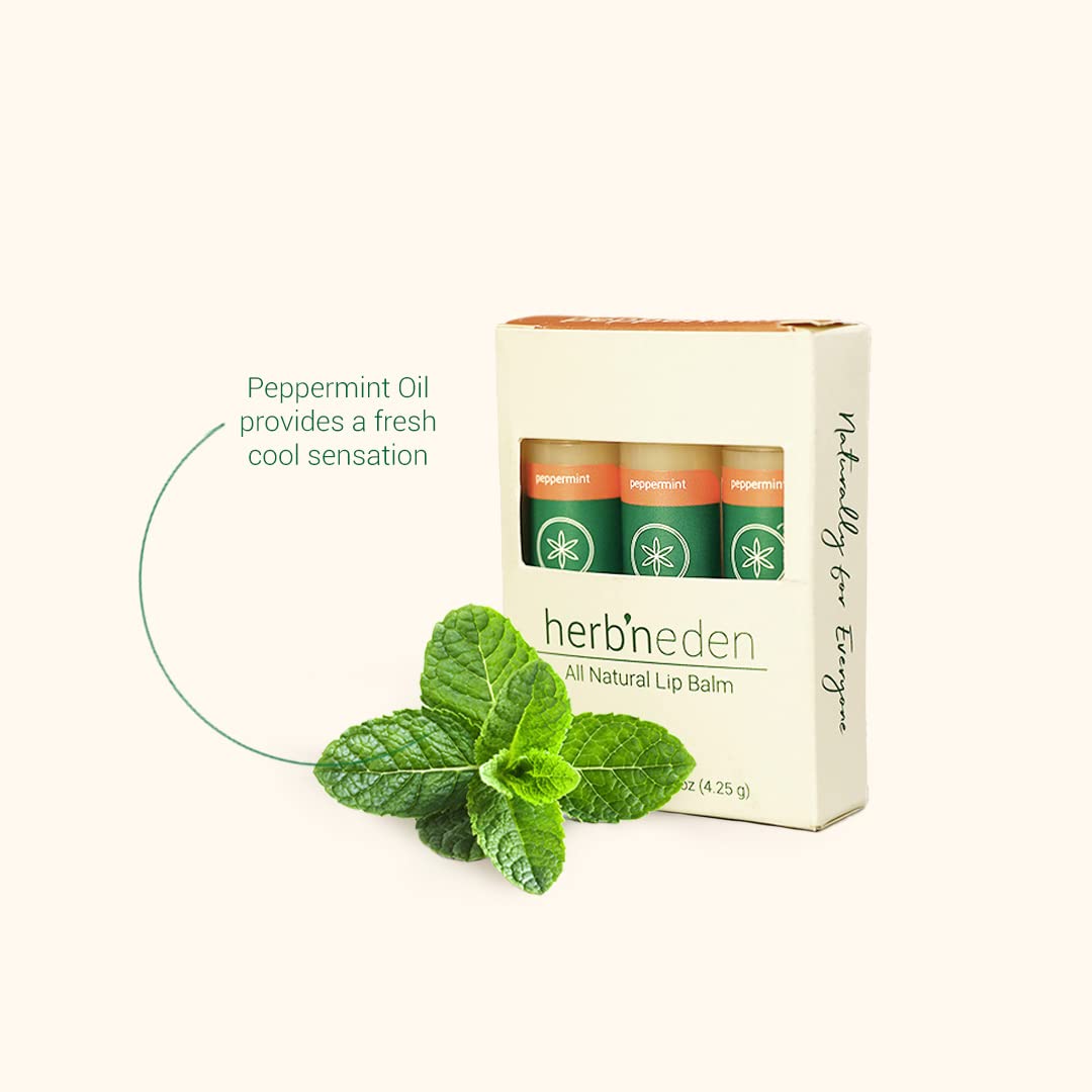 Herb’N Eden Peppermint Lip Balm Pack of 3 | Moisturizing and Soothing for Dry, Chapped Lips | 100% Natural Ingredients | Essential Oils