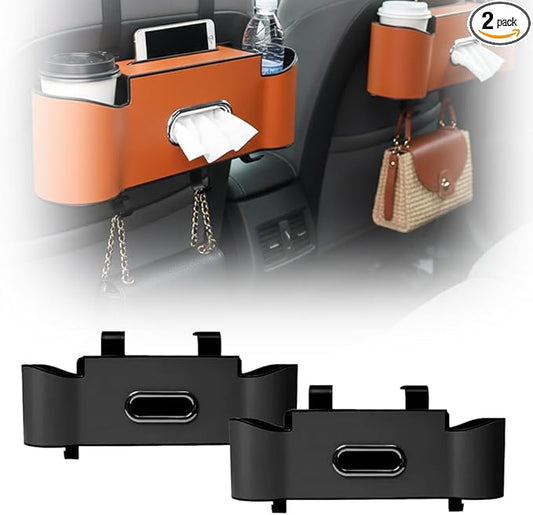 3-in-1 Car Backseat Organizer, 2026 New Multifunctional Back Seat Car Organizer with Cup Holder, Tissue Box, Trash Bin & Hooks for Hold Phones, Snacks, Drinks, Handbags (2, Black)