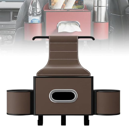 3-in-1 Car Backseat Organizer with Cup Holder, Tissue Box, Trash Bin & Hooks,Multifunctional Back Seat Car Organizer for Hold Phones,Snacks,Drinks,and Handbags (A-Coffee)