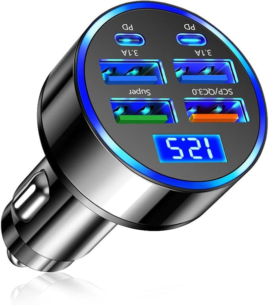 6 Ports Car Cigarette Lighter Adapter with LED Voltage Display,Fast Charging Car Charger Port Includes PD/QC3.0/SCP/3.1A/Super,24V 12V Cars Adapter Cars Lighter USB Adapters