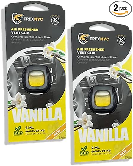Car Air Fresheners Vent Clips, Essential Car Odor Eliminator, Perfect Scented Car Accessories, For Long Lasting Fragrance up to 30 days, 0.07 FL.OZ (Vanilla, 2 Packs)