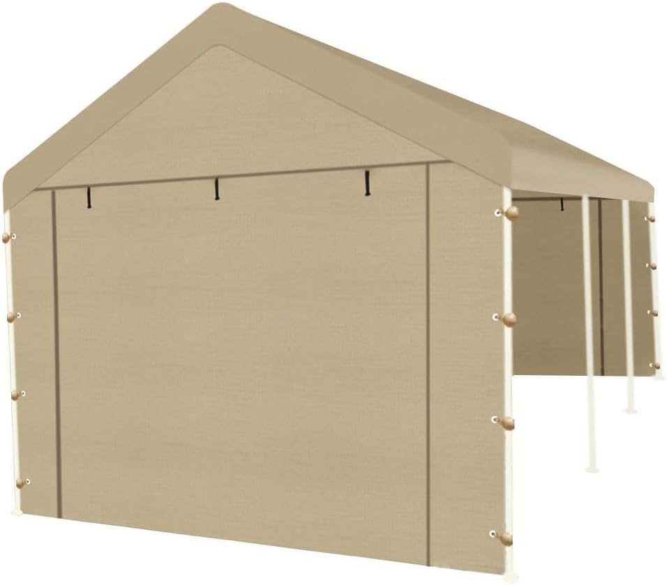 Carport Replacement Tarp Canopy, Sidewall Panel with Elastic Ball Bungees, for 10x20 FT or 12x20 FT Garage Party Tent Shelter - Beige, One Sidewall Panel Only