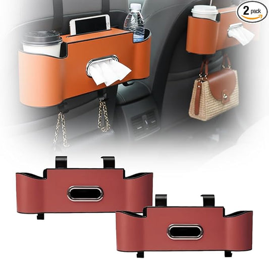 3-in-1 Car Backseat Organizer, 2026 New Multifunctional Back Seat Car Organizer with Cup Holder, Tissue Box, Trash Bin & Hooks for Hold Phones, Snacks, Drinks, Handbags (2, Red)