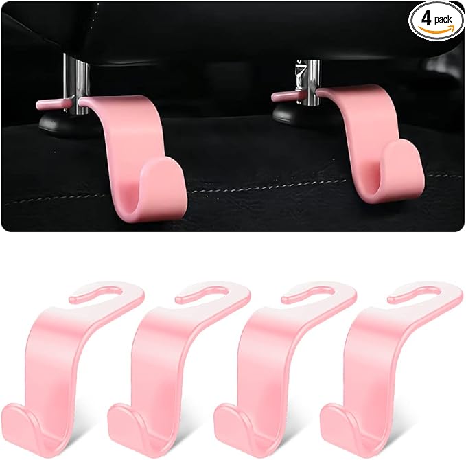 Moly Magnolia Car Seat Headrest Hook, 4PCS Multifunctional Auto Backseat Hangers, Vehicle Storage Organizer for Purse, Coat, Umbrella, Grocery, Bag, Handbag (Pink)