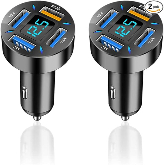 2Pcs 66W Fast USB Car Charger Fast Charge with Voltmeter LED Light Display Car Charger Adapter Compatible for iPhone 14/13/12/11pro/x/8/S22/S22+/Ultra/S21/S10/S9 (2Pcs Black)
