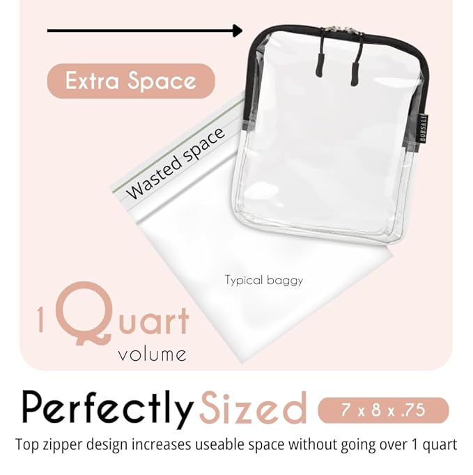 BORSALI TSA Approved Toiletry Bag - Clear Quart Size for 3-1-1 Carry On Travel - Makeup Organizer Cosmetic Pouch with Zipper - Travel Accessories - Light Blue