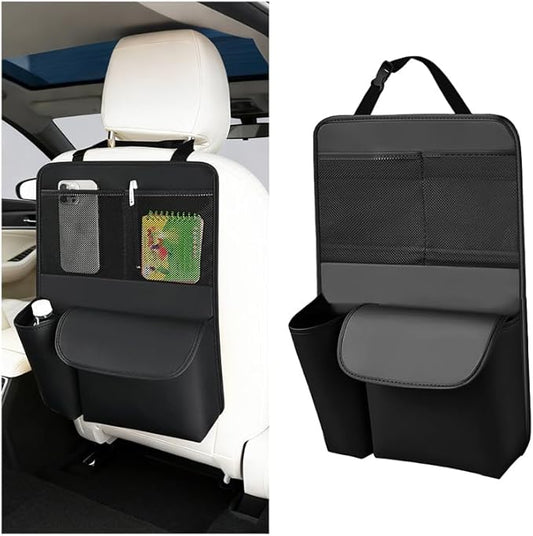 Car Seat Back Organizer, Leather Vehicle Seat Headrest Hanging Bag with Multiple Storage Pockets, Automotive Interior Organization Accessories, Universal for SUV Truck Sedan