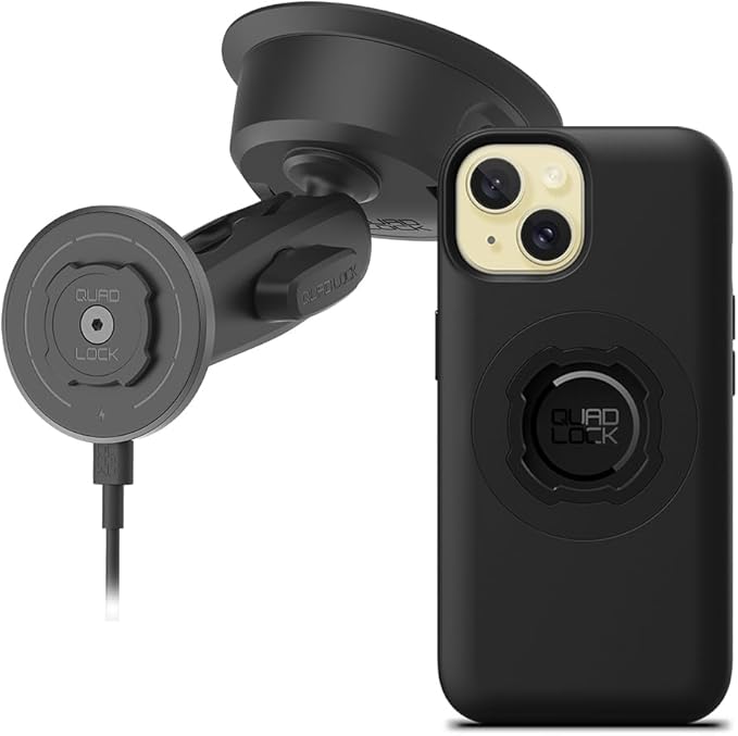 Quad Lock Heavy Duty Suction Car Phone Mount with MAG Phone Case and MAG Wireless Charging Head for iPhone 15