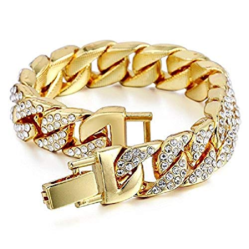 Charles Raymond Bling-ed Out Silver Round Luxury Mens Watch w/Bling-ed Out Cuban Bracelet - L0504B - Cuban (Gold)