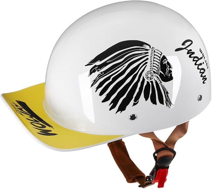 Vintage Retro Open Face Motorcycle Helmet Baseball Cap Half Helmets with pull-down Lens for Men Women Moped Cap Jet Scooter Street Cruiser - DOT Certified (Indian-White,X-Large)