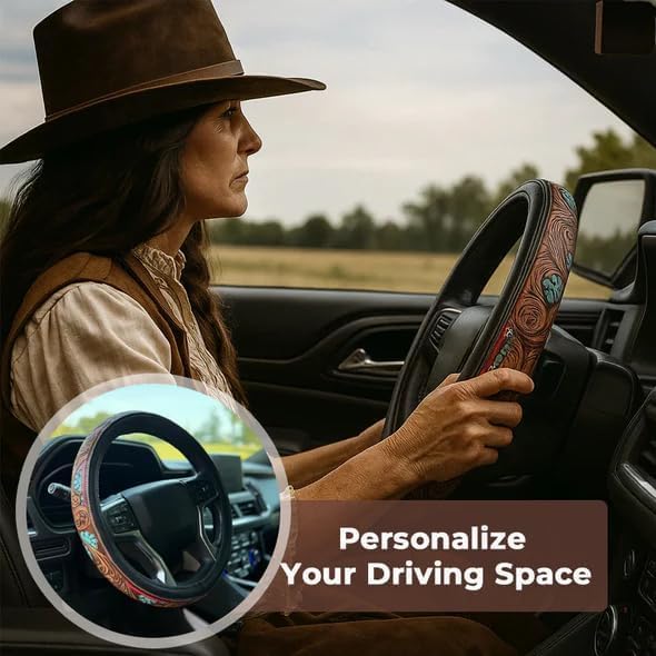 Western Steering Wheel Cover, Color Printed Embossed Hand-Painted Leather Western car Parts, for Women Man, Anti-Slip Design Easy to Install, for Trucks SUVs Cars (Style 2)