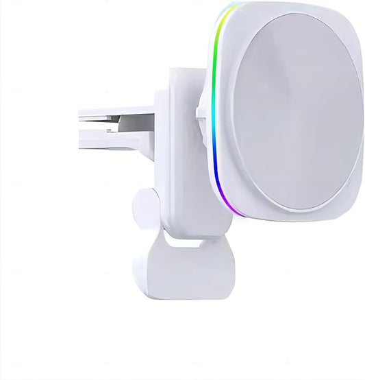 Car Phone Mount – 15W Magnetic Wireless Charger for 12-15 Series, Reliable and Efficient Wireless Charging Phone Holder (White with RGB Light)