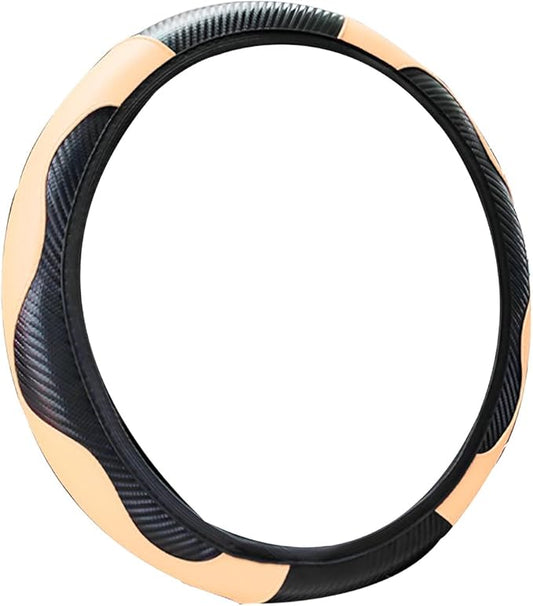 Car Steering Wheel Cover, 15 Inch PU Leather Carbon Fiber Elastic Stretch Without Inner Ring, Breathable Anti-Slip Auto Steering Wheel Protector for Women Men, Universal for Most Cars (Beige)
