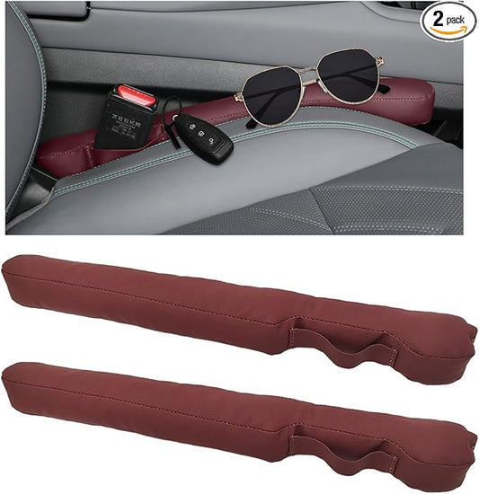 2PCS Leather Car Seat Gap Filler, No-Drop Seat Side Gap Plug Crevice Blocker with Securing Strap, Elastic Filler Block The Gap Between Seats & Console for Truck SUV Sedan (Wine Red)