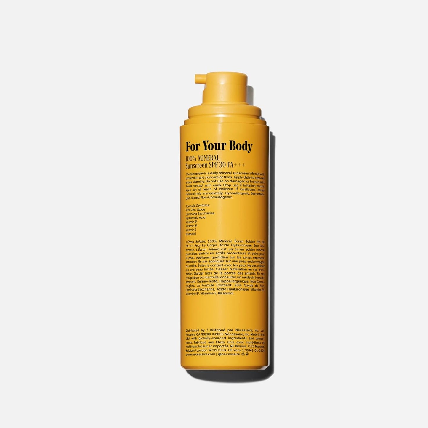 Nécessaire The Mineral Sunscreen SPF 30 PA+++. For The Body. Broad Spectrum. Zinc Oxide, Hyaluronic Acid, Niacinamide. Hydrate. Protect Against Sun Damage + Premature Aging. Dermatologist-Tested 5.1oz