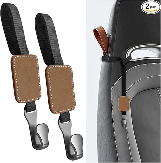 2PCS Car Seat Headrest Hooks, Stylish Suede Automotive Backseat Storage Hanger, Universal Vehicle Interior Seat Organizer Accessories for Purse, Handbag, Umbrella, Grocery (Brown)