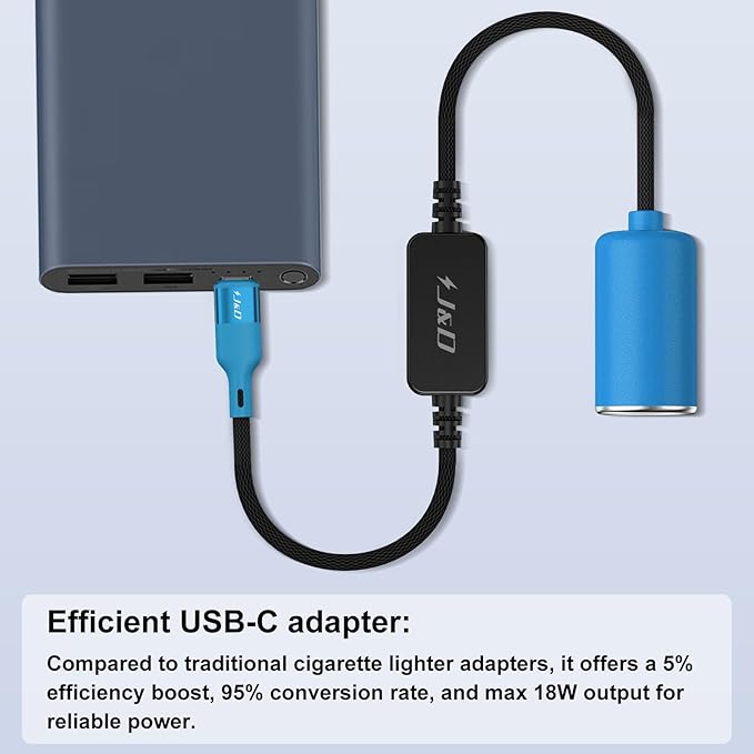 J&D USB C Male to 12V Car Cigarette Lighter Socket Female Converter Cable, 12V 18W Power Cable for Dash Cam, GPS, Car LED Light Strips, Blue, 3 ft