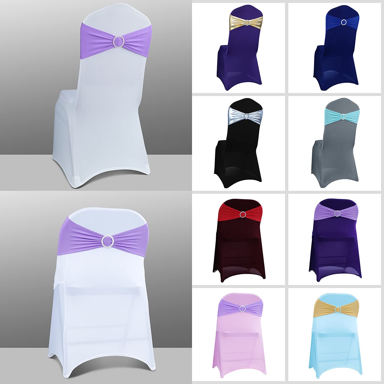 Babenest Spandex Chair Sashes Bows 100PCS Premium Stretch Chair Cover Band with Buckle Slider Universal Elastic Chair Ties for Wedding Party Ceremony Reception Banquet Decoration (Purple)